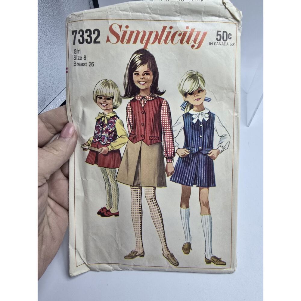 Vintage Simplicity 7332 Girls BLOUSE VEST & SKIRT School Uniform Pattern Sz 8